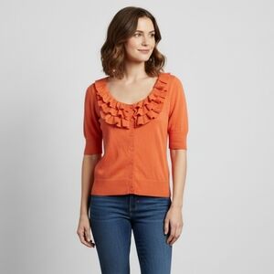 Worthington Women's Orange Ruffled Short Sleeve Button Down Cardigan Size Medium